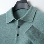 100% merino wool men’s lapel pullover long sleeve POLO neck sweater loose top business casual knit bottoming shirt – Green 8