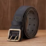 3.8CM Vintage Men’s Wide Belt Male Cowhide Real Genuine Leather Double Prong Buckle Handmade Strap Fashion Jeans Cowboy Belt 6