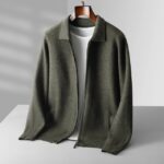 6-color autumn and winter new 2023 men’s 100% cashmere cardigan sweater casual knitted lapel men’s business sweater Solid color – Olive green 8