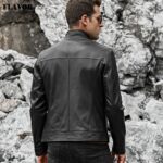 FLAVOR Men’s Real Leather Jacket Men Slim Fit Warm Coat Motorcycle Lambskin Standing Collar Genuine Leather Coat 5