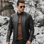 FLAVOR Men’s Real Leather Jacket Men Slim Fit Warm Coat Motorcycle Lambskin Standing Collar Genuine Leather Coat – Black 7