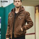 FLAVOR New Men’s Real Leather Jacket with Removable Hood Brown Jacket Genuine Leather Warm Coat For Men 2