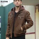 FLAVOR New Men’s Real Leather Jacket with Removable Hood Brown Jacket Genuine Leather Warm Coat For Men – Brown 6