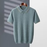 MVLYFLRT 100% Goat Cashmere T-shirt Men’s POLO Collar Short Sleeve 2022 Spring and Autumn New Fashion Knitted Pullover Tank Top – Pine cypress green 10