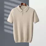 MVLYFLRT 100% Goat Cashmere T-shirt Men’s POLO Collar Short Sleeve 2022 Spring and Autumn New Fashion Knitted Pullover Tank Top – Light camel 8