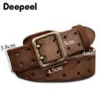 Male Retro Fashion Cowskin Belt Genuine Leather Pure Copper Double Needle Buckle Young Men’s Belts New Style Cowboy Waistband 3