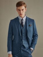 Men Luxury Suit Set 50% Wool 2022 Summer Deep Blue Single Breasted Prom Wedding Groom Wear Slim Fit Businessman Daily Clothing 1