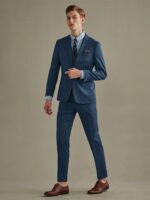 Men Luxury Suit Set 50% Wool 2022 Summer Deep Blue Single Breasted Prom Wedding Groom Wear Slim Fit Businessman Daily Clothing 5