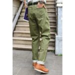 Saucezhan Men Jeans Vulcanization Olive Green 107 Selvedge Denim Jeans Men washed Slim Fit 14 Oz Zipper Fly 1