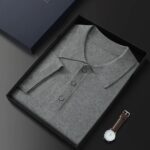 Spring And Summer New Silk Worsted Cashmere POLO Collar Pullover Business Short-sleeved T-shirt Men’s Knitted Bottom Shirt – Dark grey 9