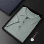 Spring And Summer New Silk Worsted Cashmere POLO Collar Pullover Business Short-sleeved T-shirt Men’s Knitted Bottom Shirt – Bean green 10