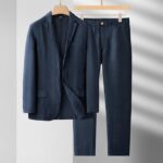 Spring Summer Linen Blazer Man 2 Piece Blazers Set For Men Suit Male Loose Business Masculino Fashion Casual Thin Style 2023 New – Navy Blue 9