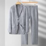 Spring Summer Linen Blazer Man 2 Piece Blazers Set For Men Suit Male Loose Business Masculino Fashion Casual Thin Style 2023 New – Gray 7