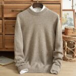 Winter cashmere sweater men’s pure cashmere round neck double-strand thick seamless one solid color bottoming shirt business – Camel beige AB 7