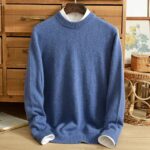 Winter cashmere sweater men’s pure cashmere round neck double-strand thick seamless one solid color bottoming shirt business – Clip flower blue 8