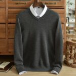 Winter thickened men’s pure cashmere sweater worsted V-neck business casual pullover chicken heart collar high-end knit shirt – Black gray 7